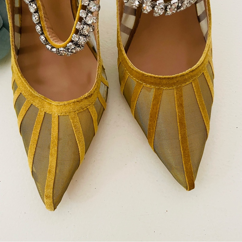 Faux Velvet Mustard Rhinestone Crystal Arch Heels Mules - Picture 3 of 10